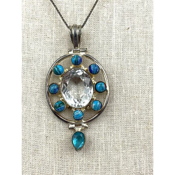 VTG 925 Silver Blue Clear Pendant Italy Chain Necklace Cluster 18" - Picture 6 of 16